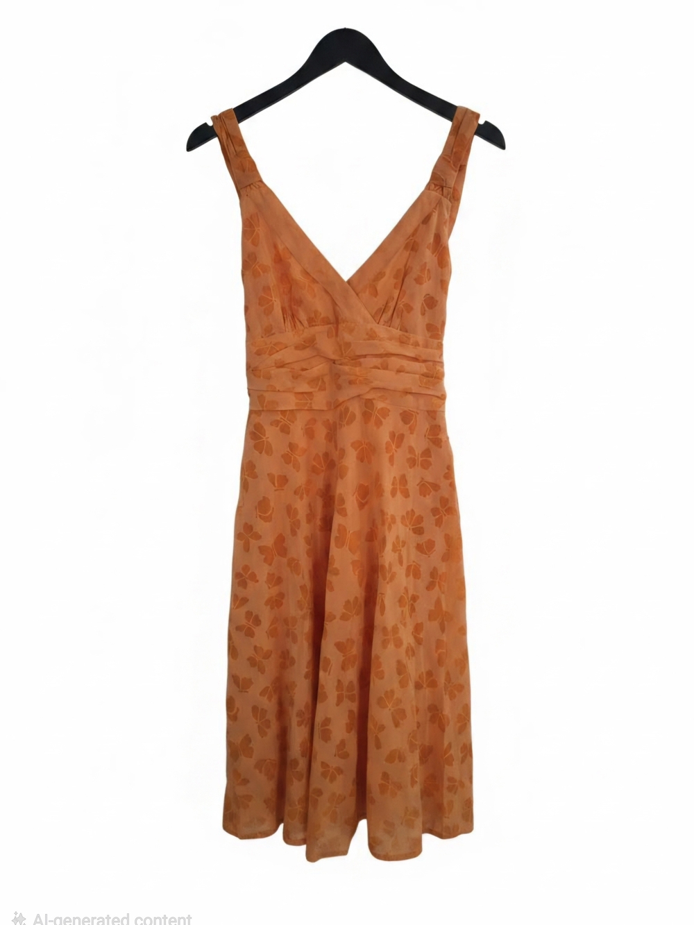 United Bamboo Orange Floral V-Neck Midi Dress with Fitted Waist 100% Cotton (M)